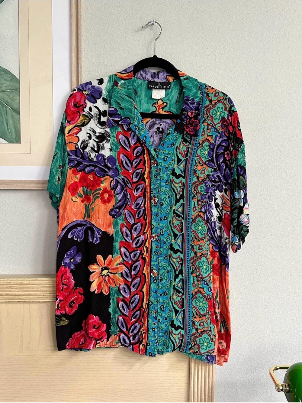 Carole Little Sheer Multicolor Floral Patchwork Button-Up Abstract Art Vintage